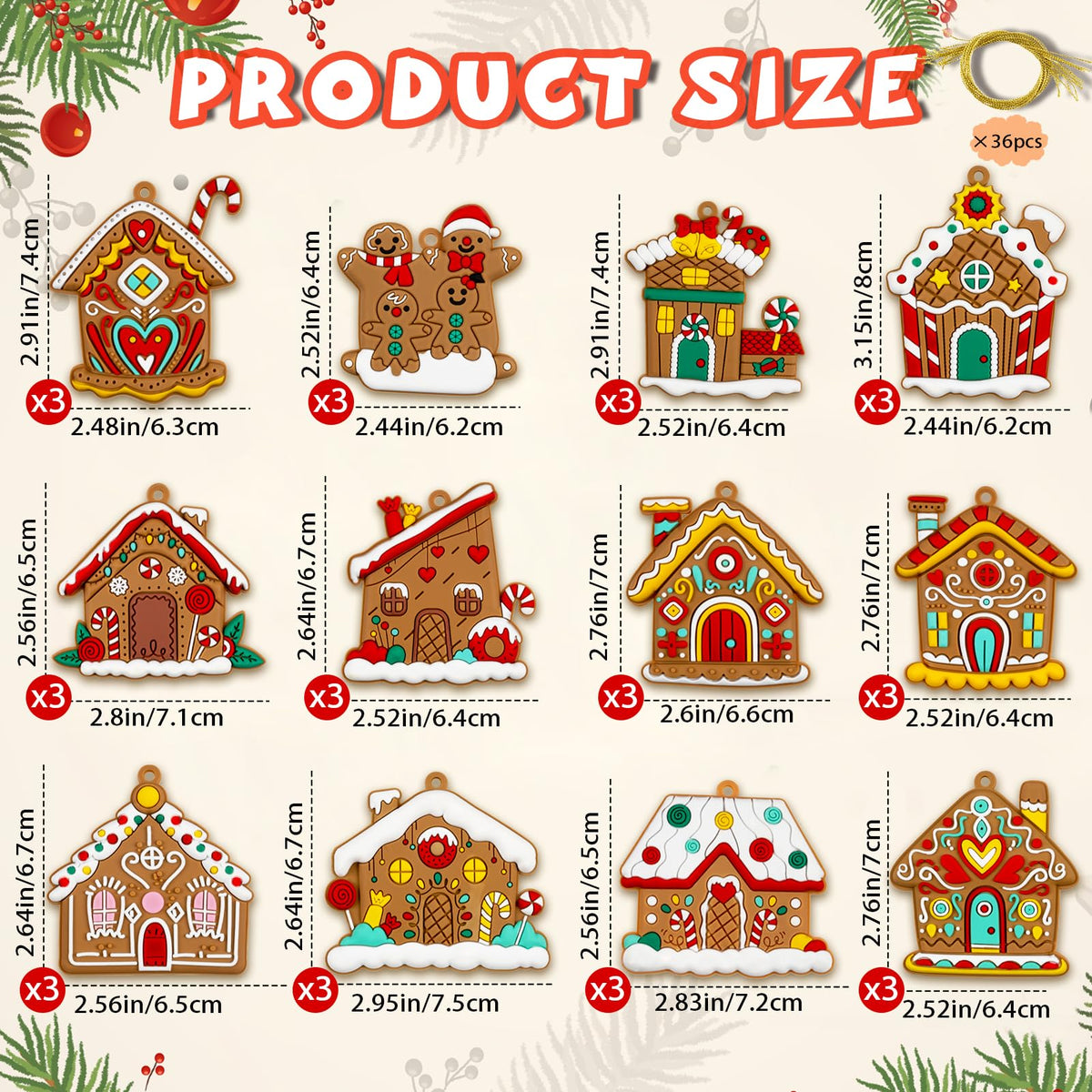Gingerbread House Ornaments Christmas Tree Decoration - 36pcs Gingerbread House Christmas Decorations Hanging Ornaments for Holiday Xmas Tree Home Decor