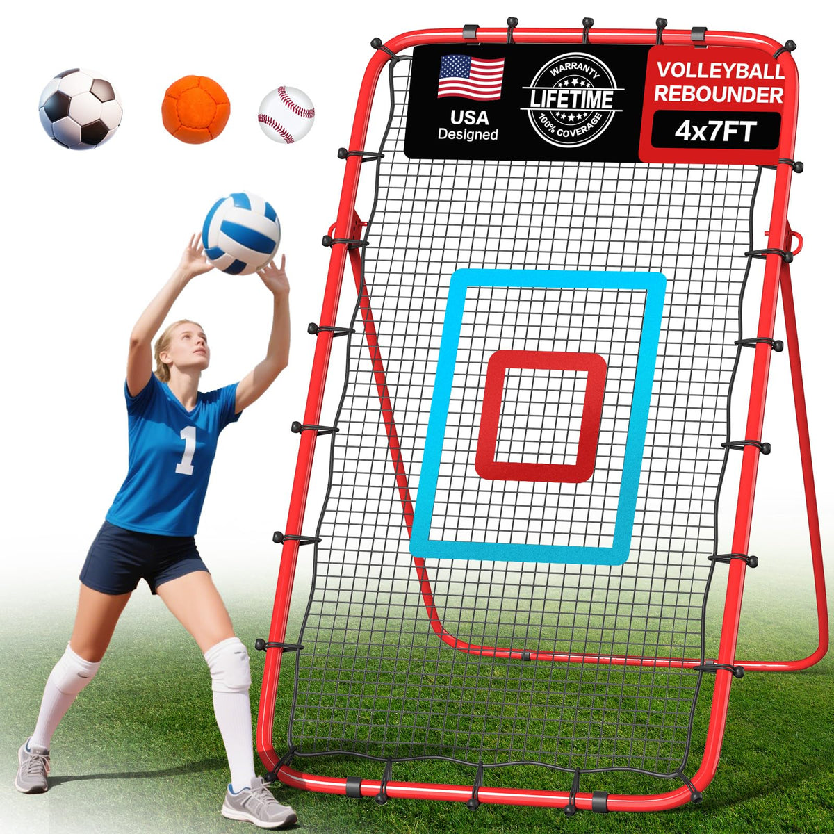Volleyball Rebounder Net 7x4 Ft, 5-Angle Adjustable Rebounder Net for Practicing Digging, Setting, Spiking, Bounce Back Training Equipment with 2 Target Stripes & Portable Travel Bag for Storage