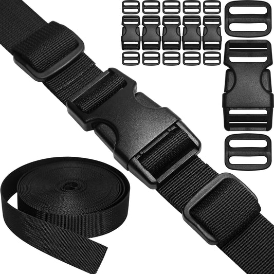 1" Straps and Buckles Set: 6 yard Nylon Webbing 1 inch (25 mm) Wide, 6 pack Side Release Buckle, 12 pcs Tri-Glide Sliders, Plastic Clip Quick Fastener Replacement Heavy Duty Dual Adjustable No Sew