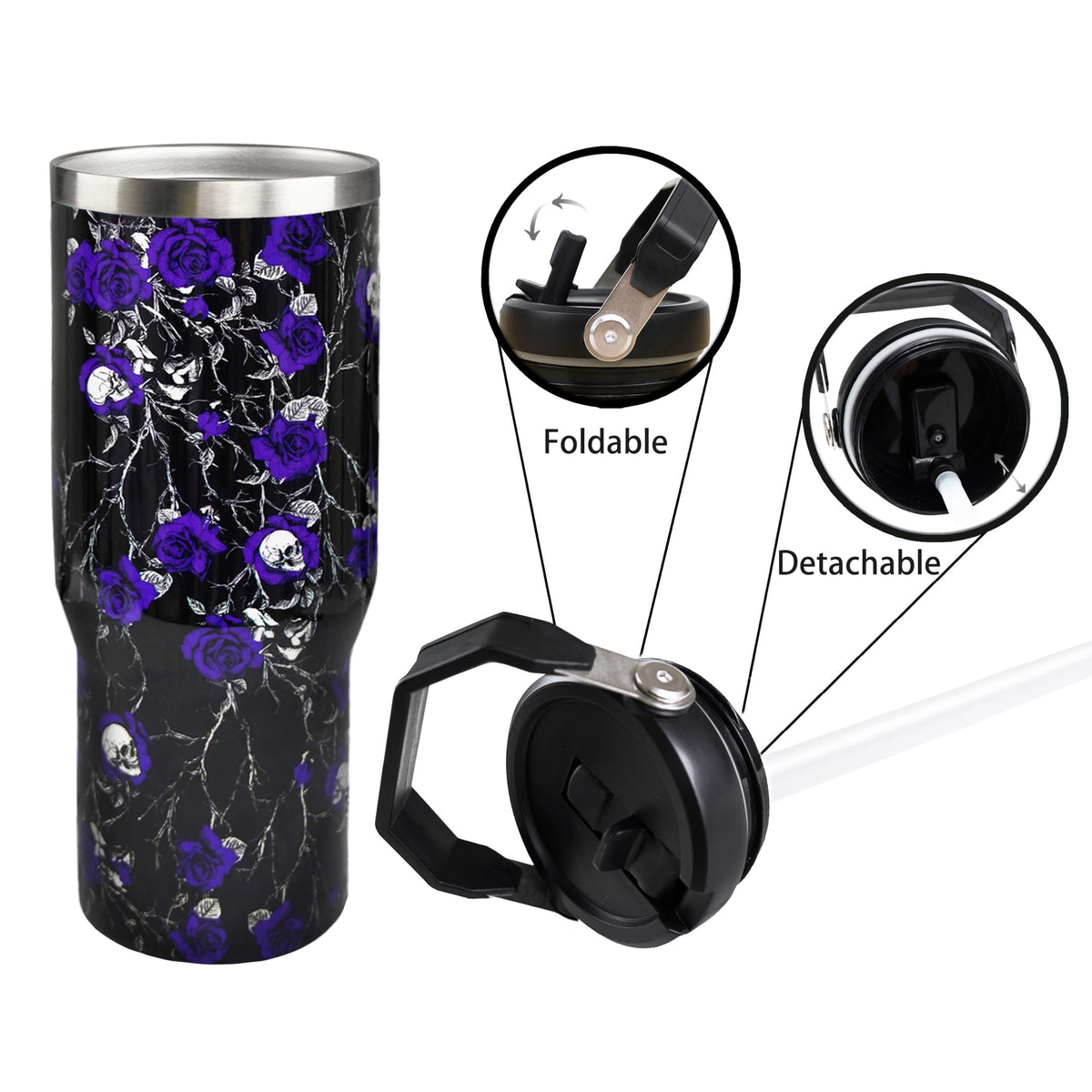 30oz Halloween Tumbler with Handle and Straw, Goth Floral Skull Insulated Tumbler, Leak Proof Travel Coffee Mug, Reusable Stainless Steel Skull Tumbler, Halloween Gifts for Women (black purple)