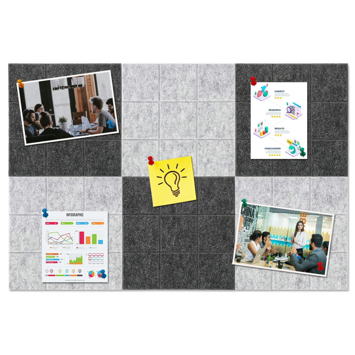 HULAVO Large Square Felt Cork Board Tiles, Self Adhesive DIY Felt Bulletin Board with 35 Pushpins for Office School Home Wall Decor Stickers Memos (Deep & Light Grey)