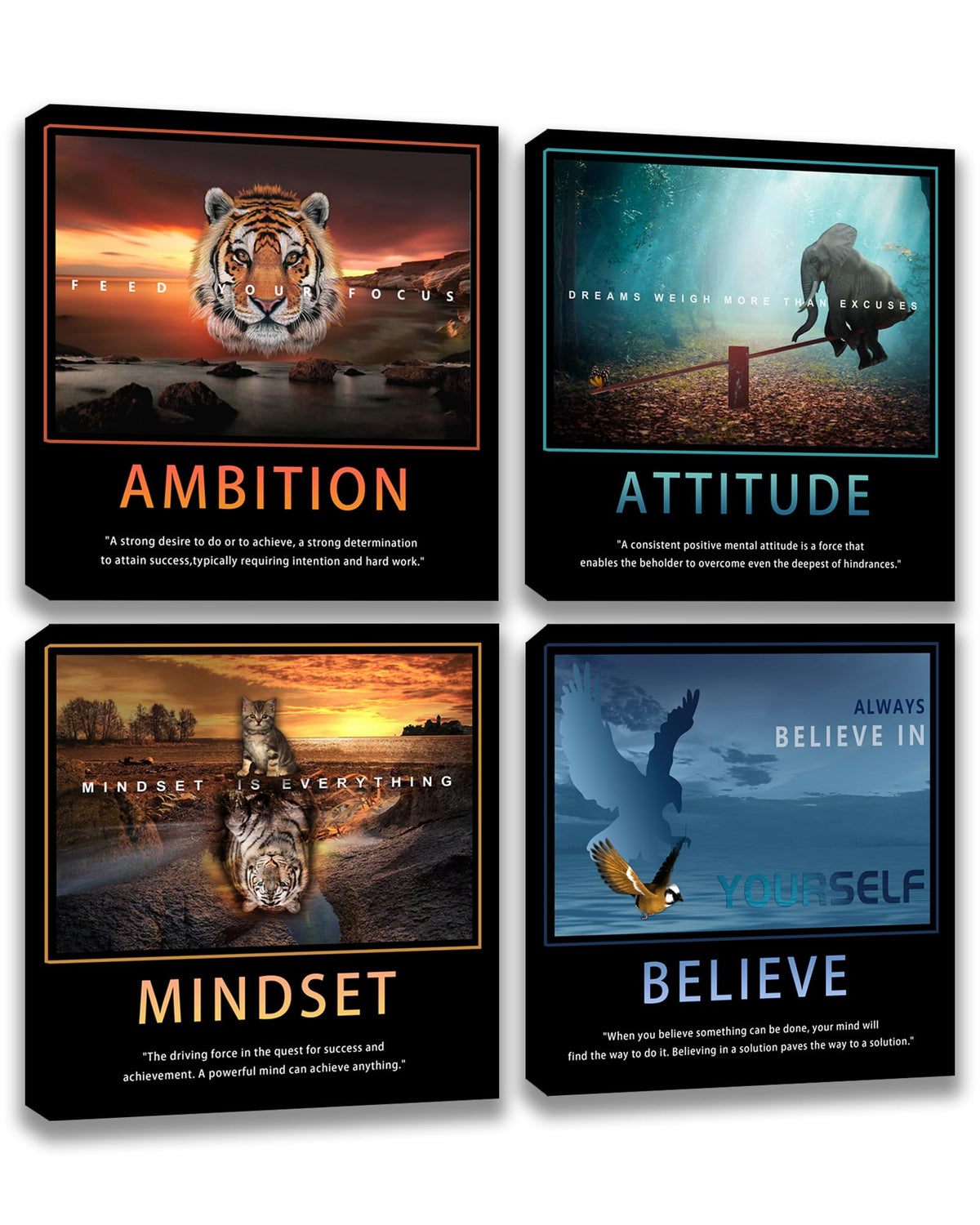 Motivational Wall Art Inspirational Canvas Poster Print Modern Inspiring Entrepreneur Quotes Animals Painting Picture Office Wall Decor Framed Artwork 4 Pieces Living Room Bedroom Workplace Decoration