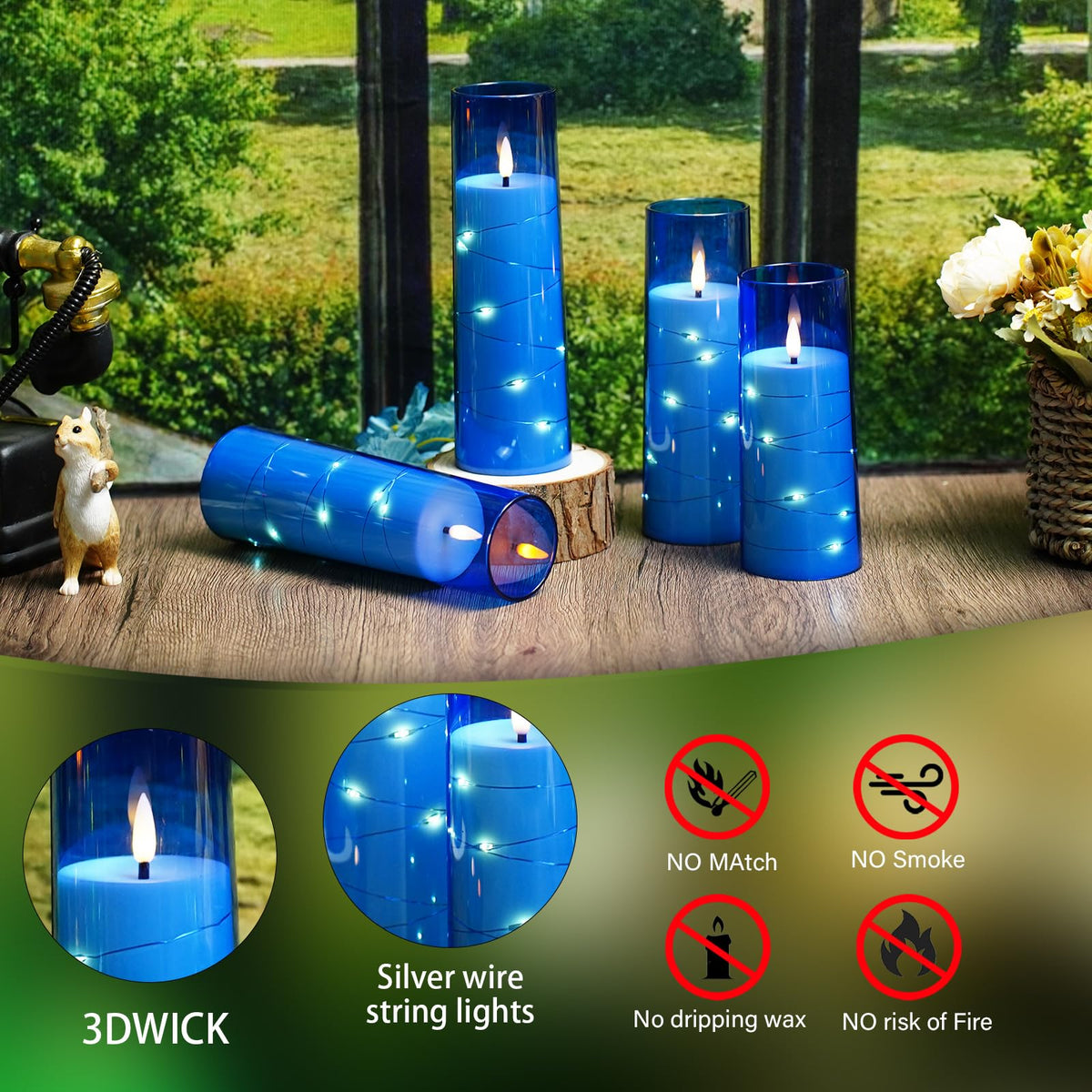 Flameless Candles,with Embedded Star String, Battery Operated Candles Flickering LED Pillar Candles with Remote Control and Timer, Home Decoration Add a Warm and Romantic Atmosphere，Set of 7 (Blue)