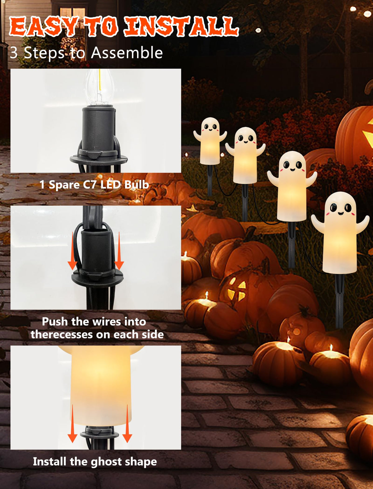 Halloween Ghosts Pathway Lights,4 Pack Ghosts Stake Lights with C7 Clear Bulbs,7Ft Extendable Waterproof Walkway Lights Halloween Decor for Yard Porch Lawn Pathway Garden