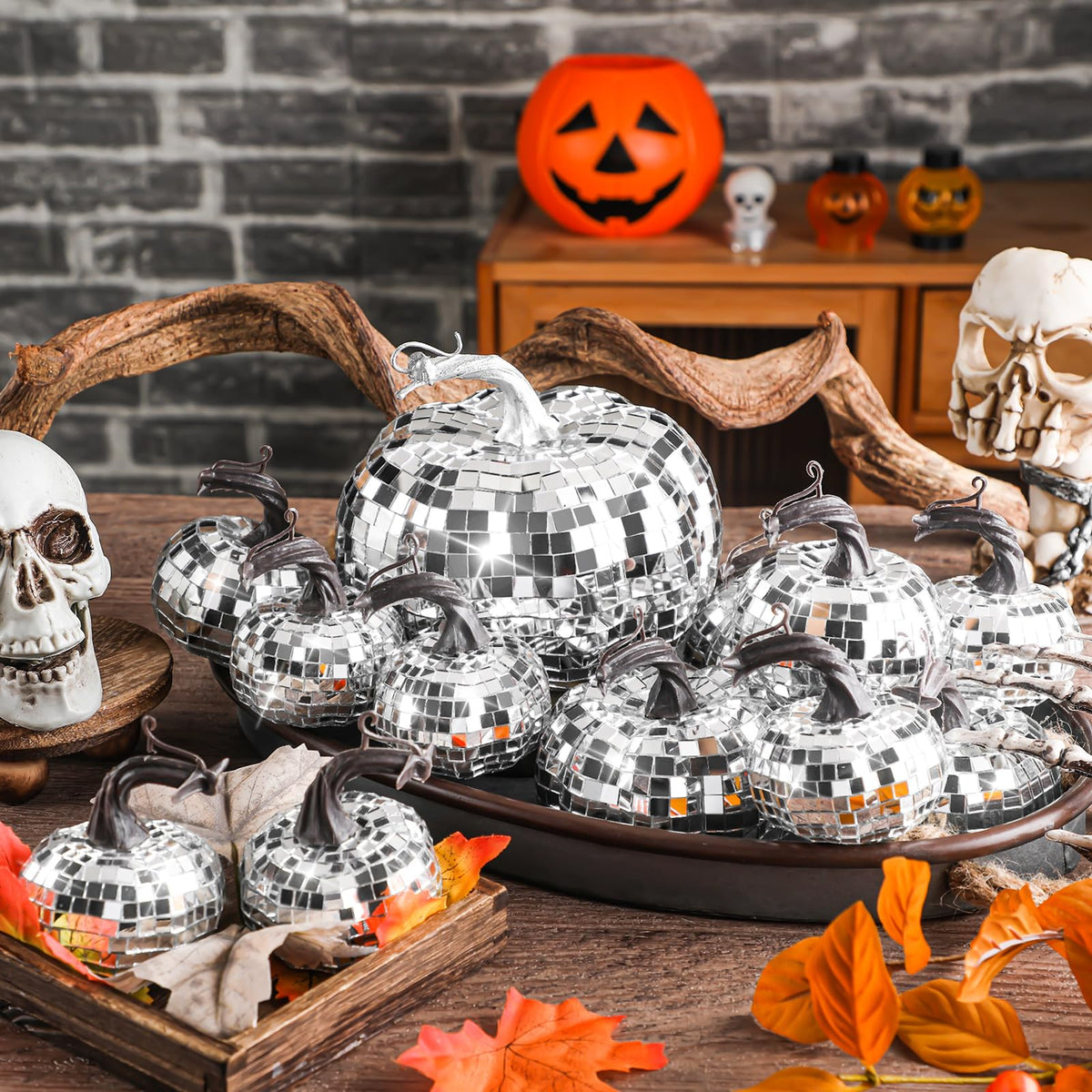 Lenwen 12 Pcs Artificial Disco Pumpkin Glitter Mirror Pumpkin for Decorating Fall Farmhouse Hanging Ornament Harvest Decor for Halloween Thanksgiving Table Centerpiece(Sliver)