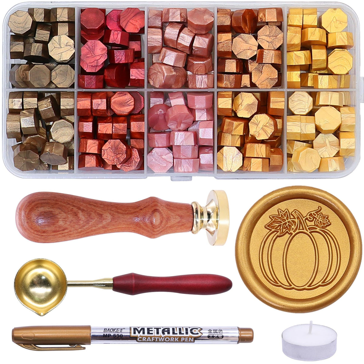 SWANGSA Fall Pumpkin Wax Seal Stamp Kit with 200pcs Sealing Wax Beads, Great for Halloween, Thanksgiving, Autumn Party Invitations, Wine Packages, Gift Wraps