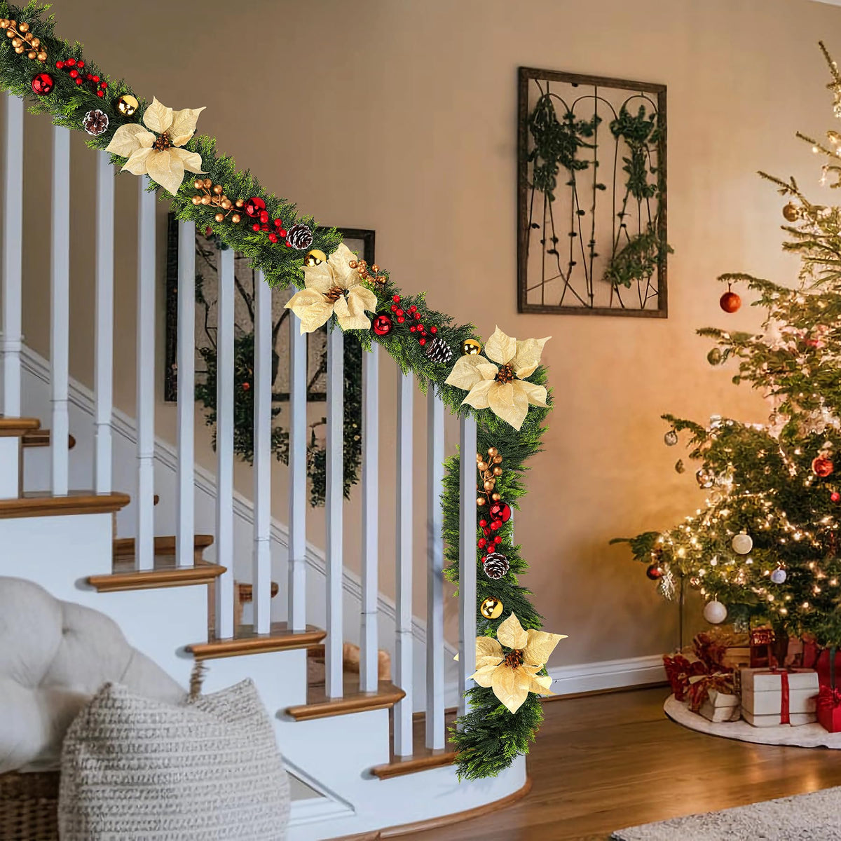 Real Touch Cedar Garland for Home, Thicken Cypress Green Artificial Greenery Garlands, 6FT Realistic Pine Garland with Flowers Berries Pinecones Balls, Cedar Garlands for Christmas in July Decorations