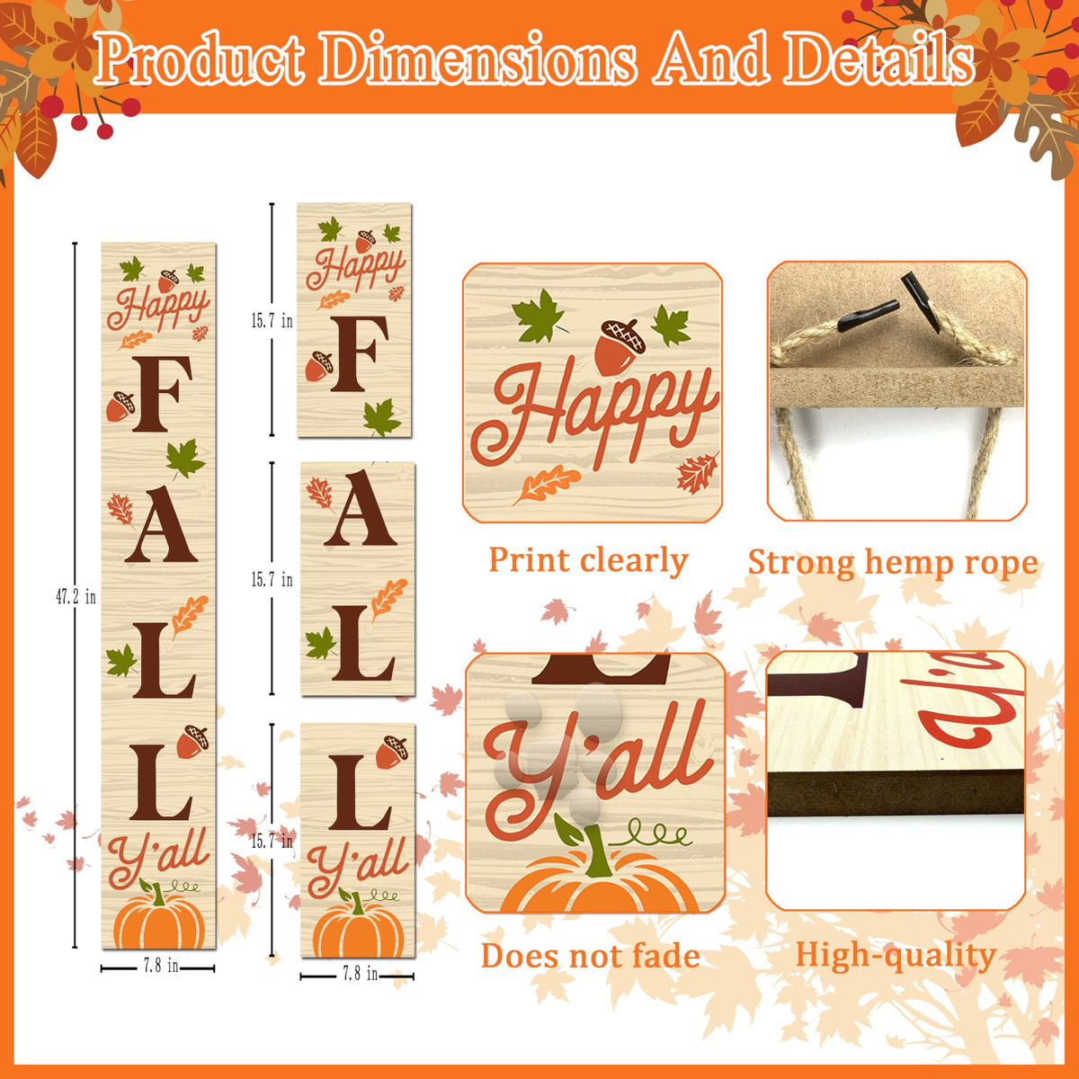 Happy Fall Sign Autumn Front Door Hanging Decor Welcome Sign Wooden Vertical Indoor Outdoor Standing Sign For Garden Home Yard Farmhouse Porch 47.2 x 7.8 Inch