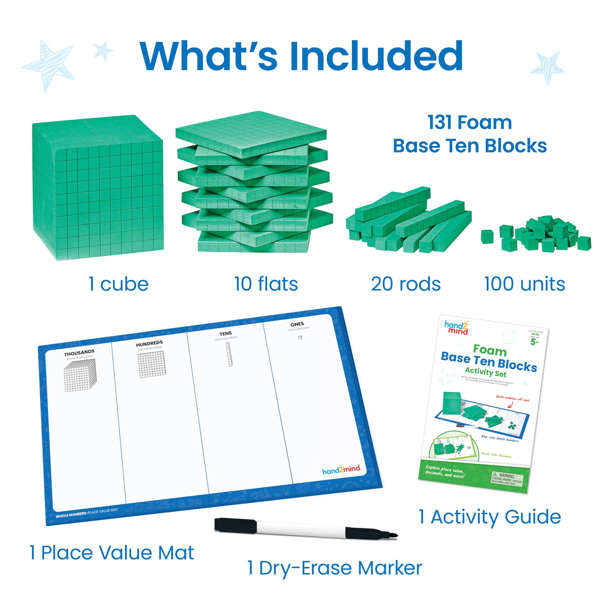 hand2mind Foam Base Ten Blocks Activity Set, Place Value Manipulatives, Base 10 Blocks for Math, Counting Cubes, Math Manipulatives 1st Grade, Small Group Classroom Must Haves (133 Pieces)