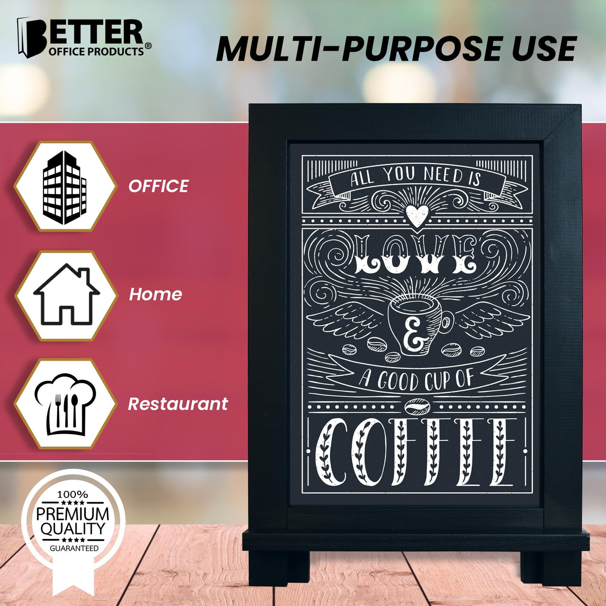 Framed Tabletop Chalkboard Sign, 9.5" x 14", Rustic Wood Frame, Small Magnetic Chalkboard with Built-in Ledge, Folding Stand, & One White Chalk Marker, by Better Office Products (Solid Black)