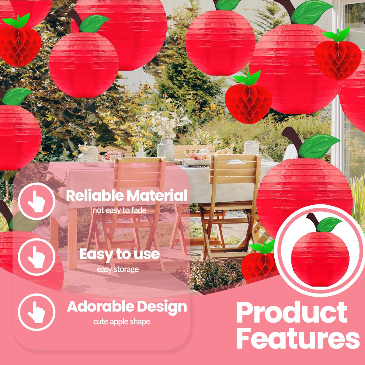 15Pcs Red Apple Paper Lanterns, Apple Decor Hanging Decorations Classroom Home Office Birthday & Fruit Themed Parties