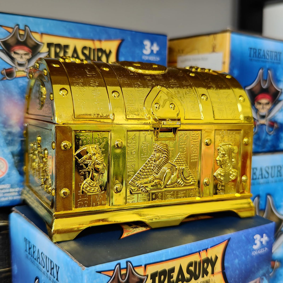 Egyptian Treasure Chest For Kids - Golden Decorative Pirate Treasure Box With Lock and Key For Kids Prizes, Theme Party, Birthday, Halloween, Christmas Pirate Party Favors
