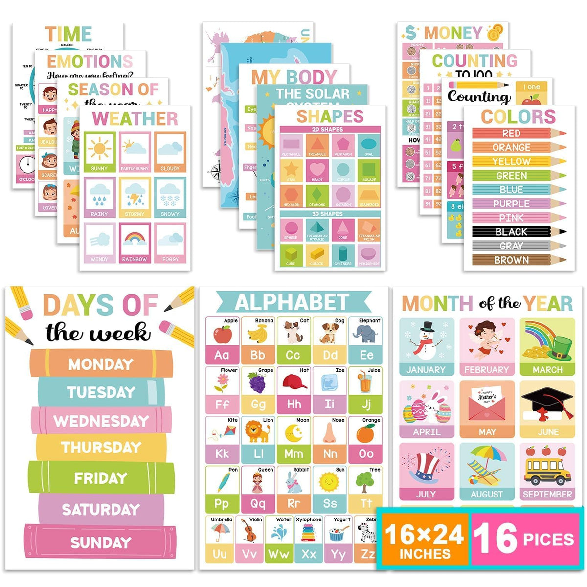 16 Pcs 16”x24” Large Educational Posters for Classroom Decor-Educational Posters for Toddlers 1-3 Learning Poster for Boy Girl Ages 3-5,Kindergarten Preschool Classroom Teacher Must Haves Chart Pastel