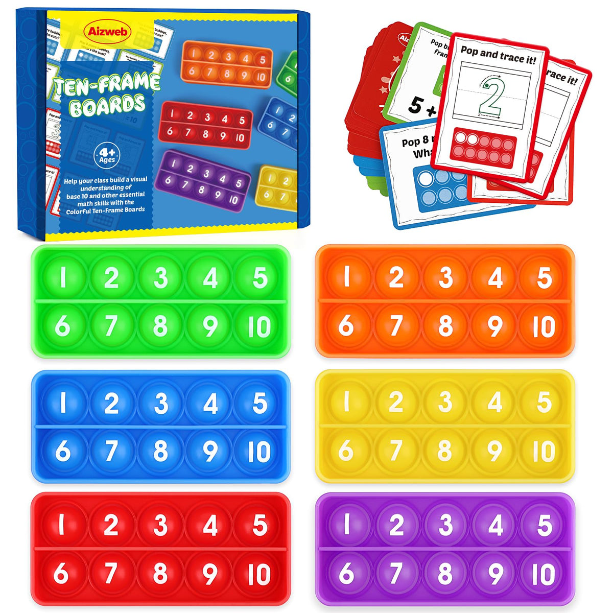 Aizweb Ten-Frame Math Manipulative for Elementary,Counting Number Math Games, Montessori Educational Toy for Kindergarten Classroom Kids 3 4 5 Year Old (Upgraded Version for 20 Task Cards)