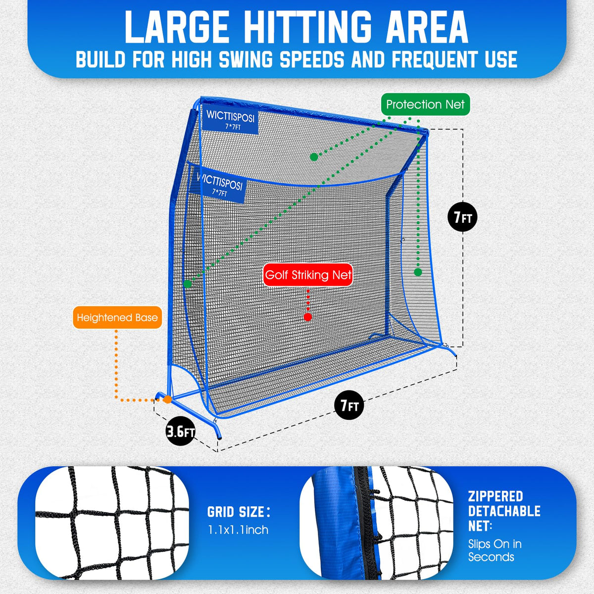 Golf Hitting Net with Extra Striking Net, 7x7ft Heavy Duty Golf Practice Net for Golfers Backyard Driving Swing, Golf Impact Net Cage Metal Frame with Storage Bag and Elevated Base, Indoor Outdoor Use