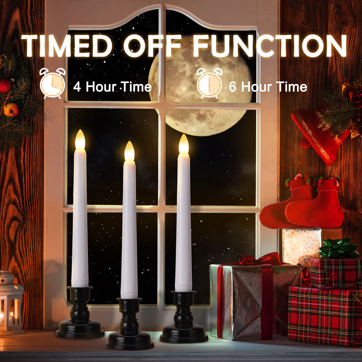 FREEPOWER Set of 6 Flameless Window Taper Candles with 6PCS Black Base, Battery Operated FlickeringTaper Candle with Remote and 4H/6H Timer,for Christmas Home Wedding Decor..