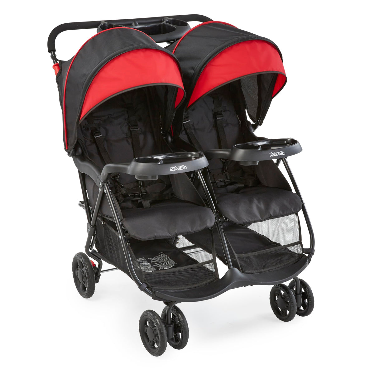 Kolcraft Cloud Plus Lightweight Double Stroller Side-by-Side for Infant Toddler, Compact Folding Travel System with Reclining Seats, Canopies, Storage Basket, Trays, Easy Maneuver – Red Black
