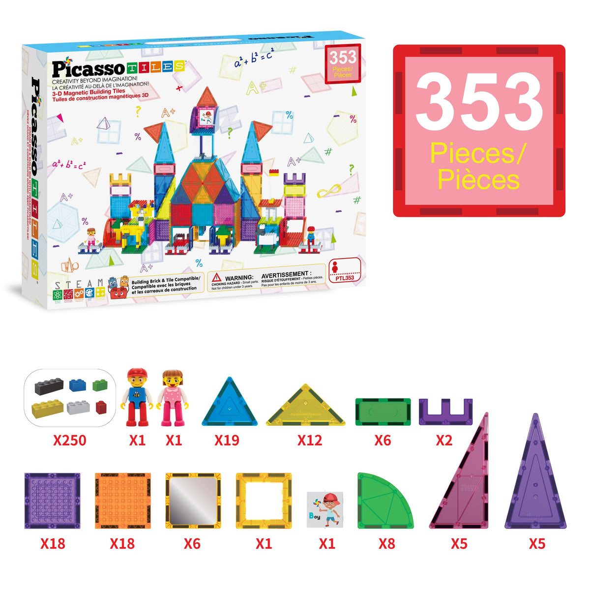 PicassoTiles 353pc Magnetic Brick and Magnet Tile Combo Set with Action Figures STEM Building Block Educational Construction Kit Preschool Classroom Toy Learning Activities for Kids Age 3 Plus PTL353