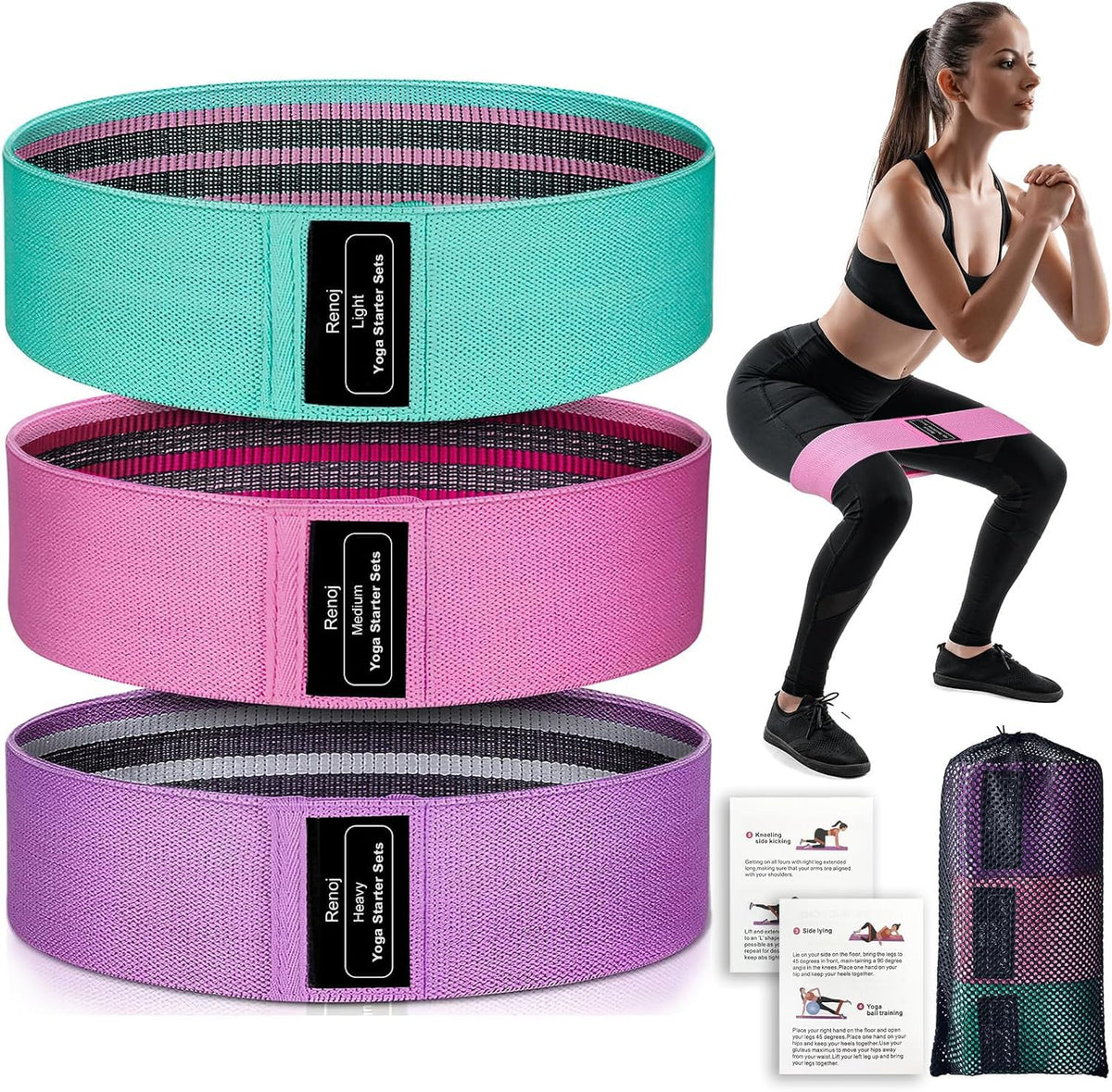 Renoj Resistance Bands for Working Out: 3-Set Professional Exercise Bands for Pilates, Yoga, Home Gym, Booty, Leg Training | Heavy/Medium/Light Fabric Loops for Women Men