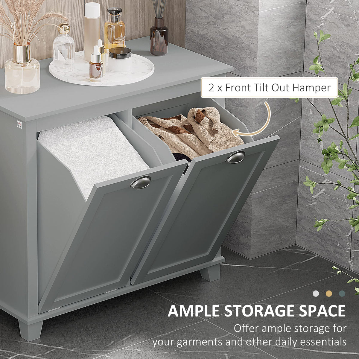 Tilt-Out Laundry Sorter Cabinet, Gray - Bathroom Floor Cabinet, Two-Compartment Hamper Organizer