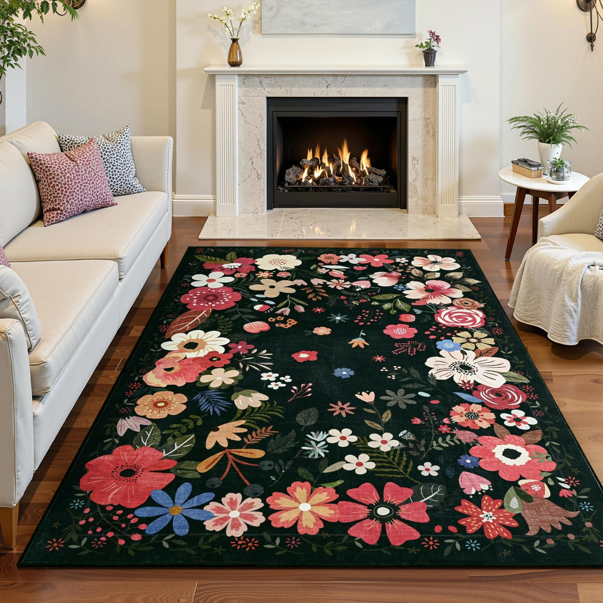 Vasofe 3x5 Rug for Bedroom,Washable Rugs for Living Room, Entryway, Indoor Floor Mat, Small Floral Mats for Nrusery, Farmhouse, Laundry Room, Playroom, Office, Non Slip Low Pile Soft Carpet, Black