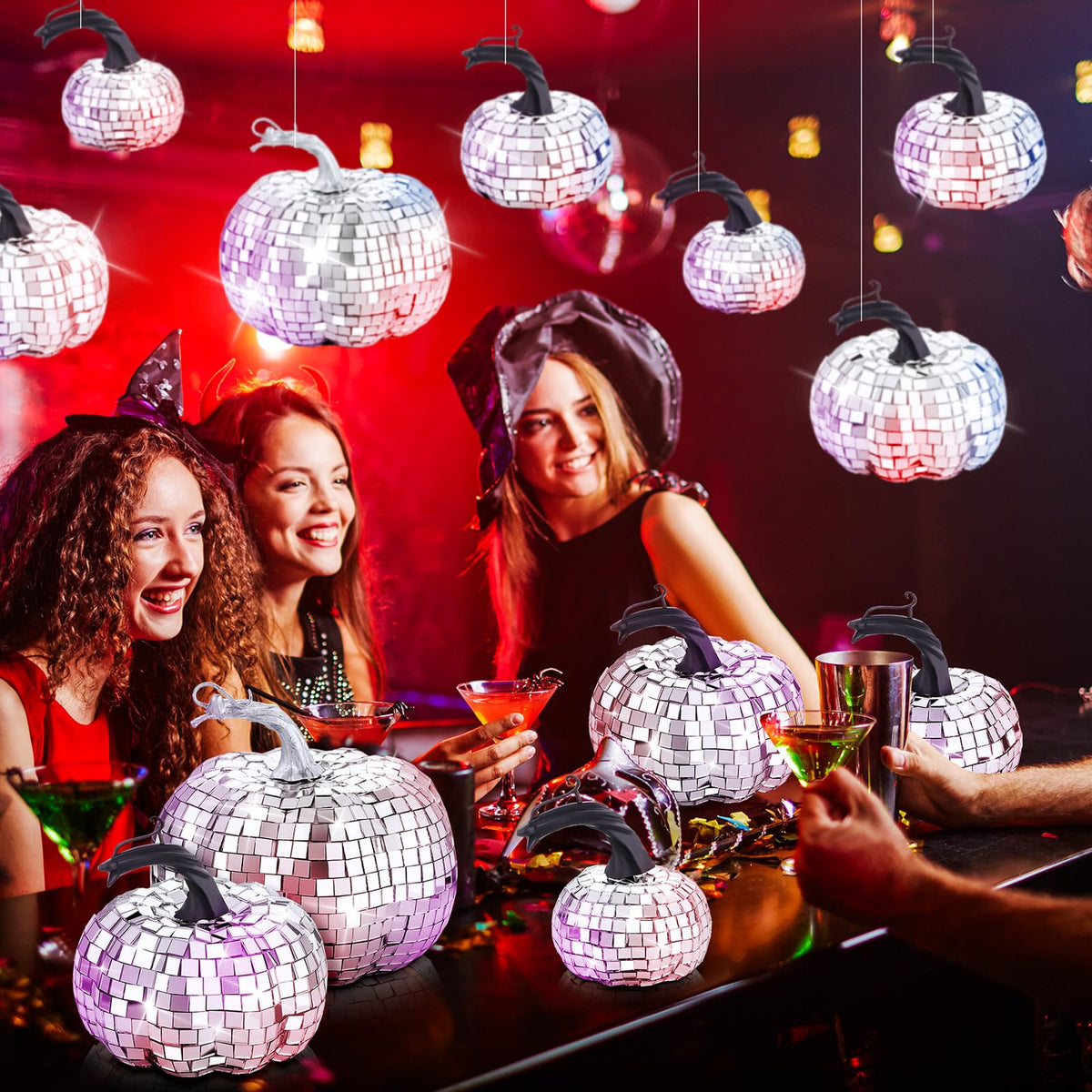 Lenwen 12 Pcs Artificial Disco Pumpkin Glitter Mirror Pumpkin for Decorating Fall Farmhouse Hanging Ornament Harvest Decor for Halloween Thanksgiving Table Centerpiece(Sliver)