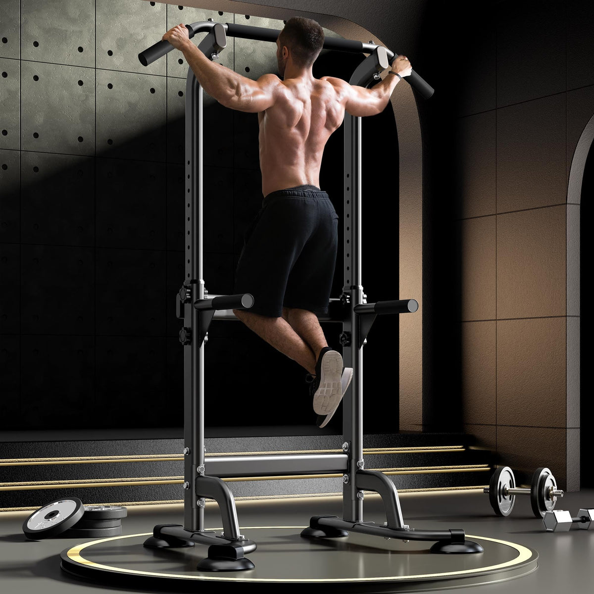 DlandHome Power Tower Pull Up Dip Station Multi-Function Fitness Equipment for Strength Training Adjustable Height Dip Stand for Home Gym, Black