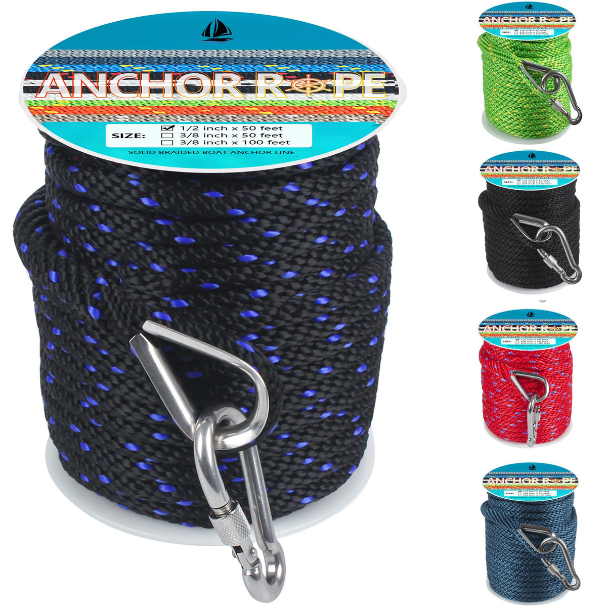 1/2 Inch 50 FT Anchor Rope, Boat Anchor Rope Solid Braid MFP, Anchor Line with 316 Stainless Steel Thimble and Snap Hook - Black & Lake Blue