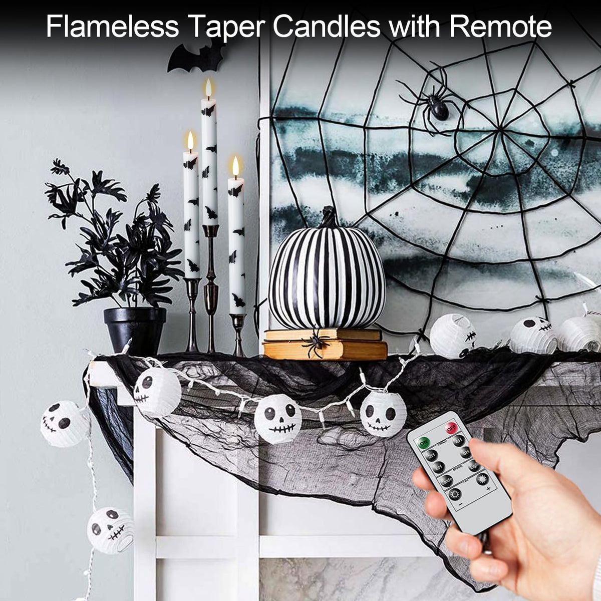 GenSwin Halloween Flameless Taper Candles, 4 Pack LED Taper Candles Battery Operated with Remote Timer, Real Wax White Flickering Flameless Candlesticks with Bat Prints for Spooky Decor(0.75” x 9.65”)