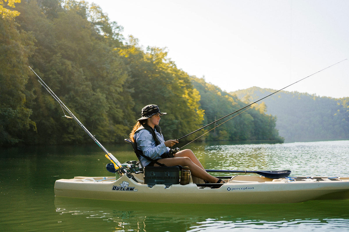 Perception Outlaw 11.5 | Sit on Top Fishing Kayak | Fold Away Lawn Chair Seat | 4 Rod Holders | Integrated Tackle Trays | 11' 6" | Dapper & Perception Paddle & Rod Leash for Kayaks