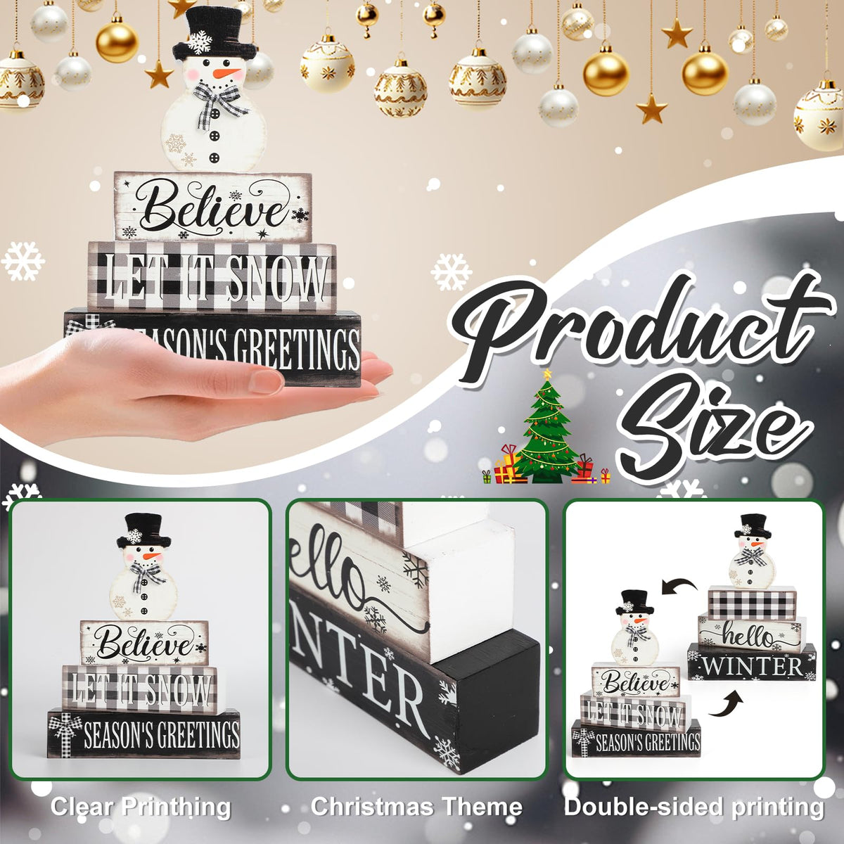 4 Pcs Christmas Decorations Indoor Wooden Snowman Table Sign Decor Table Centerpieces Xmas Merry Christmas Tabletop Block for Holiday Office Desk Tiered Tray Party Shelf Decor Double-sided Pattern