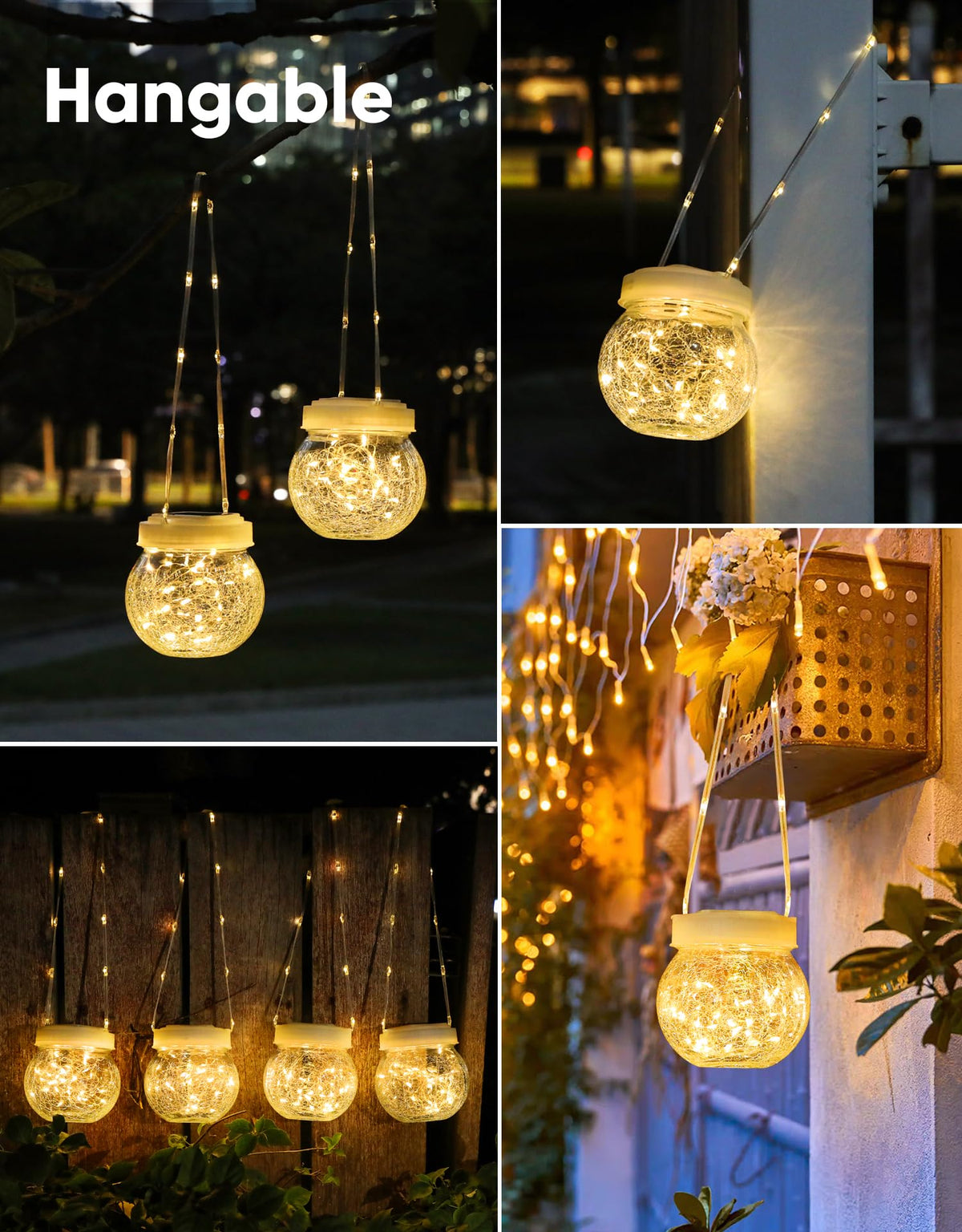 Solar Lantern Solar Lights Outdoor Waterproof 6-Pack, Solar Powered Hanging Lights Cracked Glass Hanging Globes for Christmas Decoration, Shepherd Hook, Garden Tree Ornaments, White Cap, Warm White