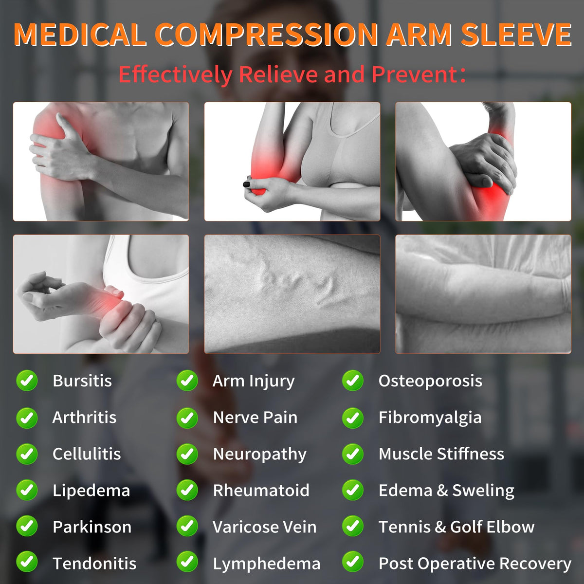 Hiball Lymphedema Medical Compression Arm Sleeve for Men Women, 20-30 mmHg Graduated Compression Full Arm Support with Silicone Band, Long Circulation Pressure Arm Brace for Arthritis, Bursitis, Edema