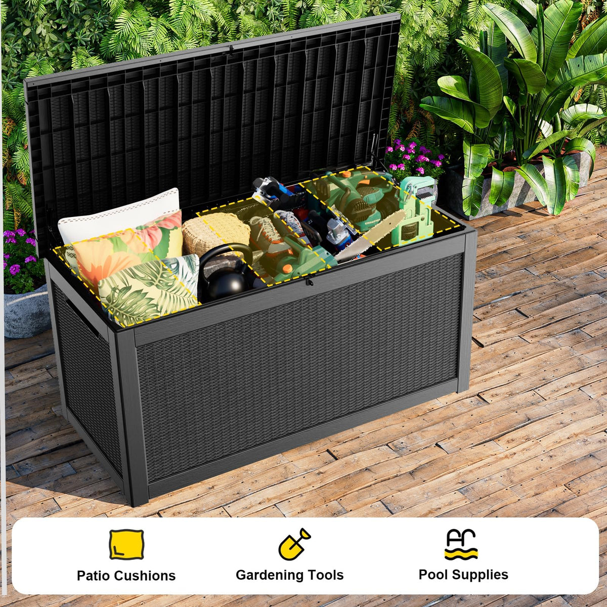 ASKPASS 320 Gallon Outdoor Storage Box,Large Waterproof UV Resistant Deck Box,Lockable Storage Container for Patio Furniture Cushions Garden Tools and Pool Accessories(Black)