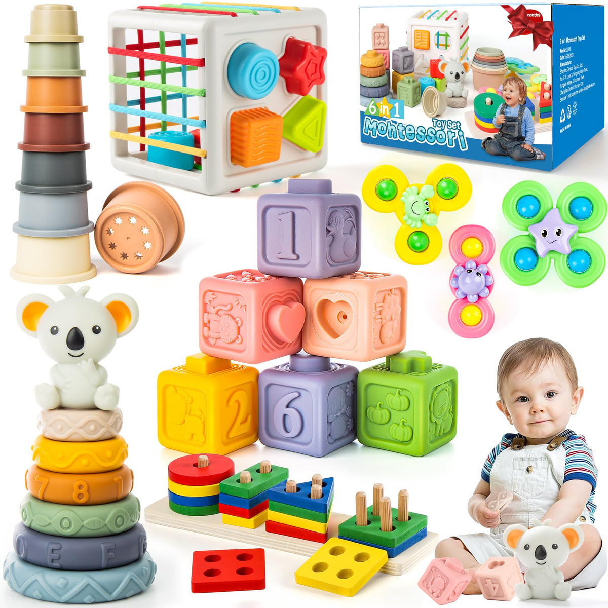 6-in-1 Baby Toys 6 to 12 Months, Montessori Toys for Babies 6-12-18 Months, Infant Teething Toy Stacking Blocks Rings Sensory Bin, Sorting Sensory Educational Learning Gift for Toddlers Aged 1-3