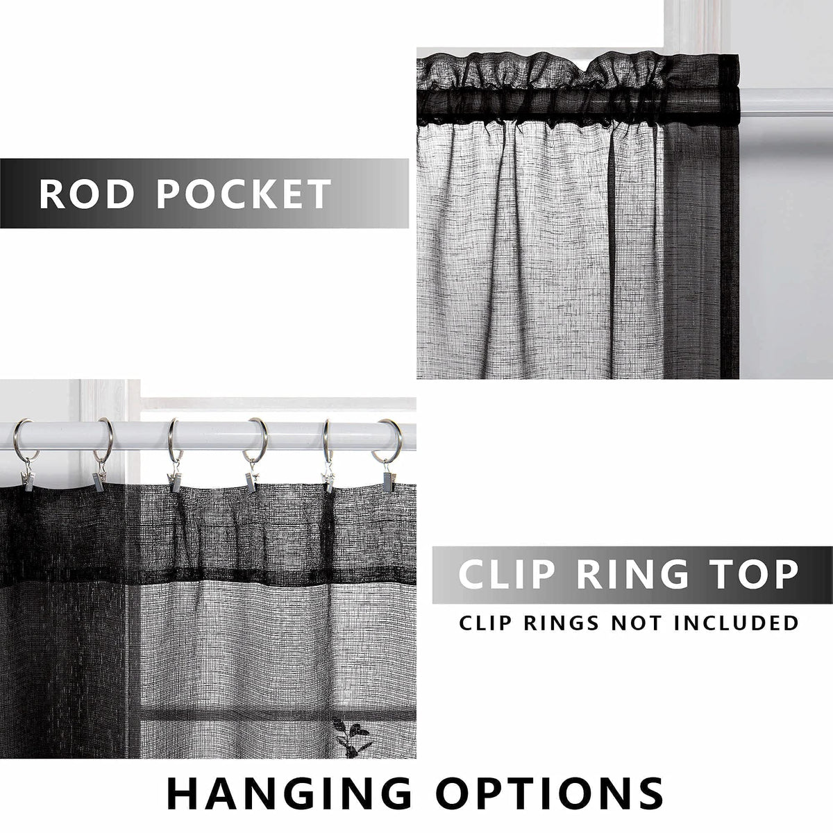 KOUFALL Sheer Black Curtains for Bedroom 2 Panels,Boho Window Curtains for Bathroom Kitchen Living Room 63 Inch Length