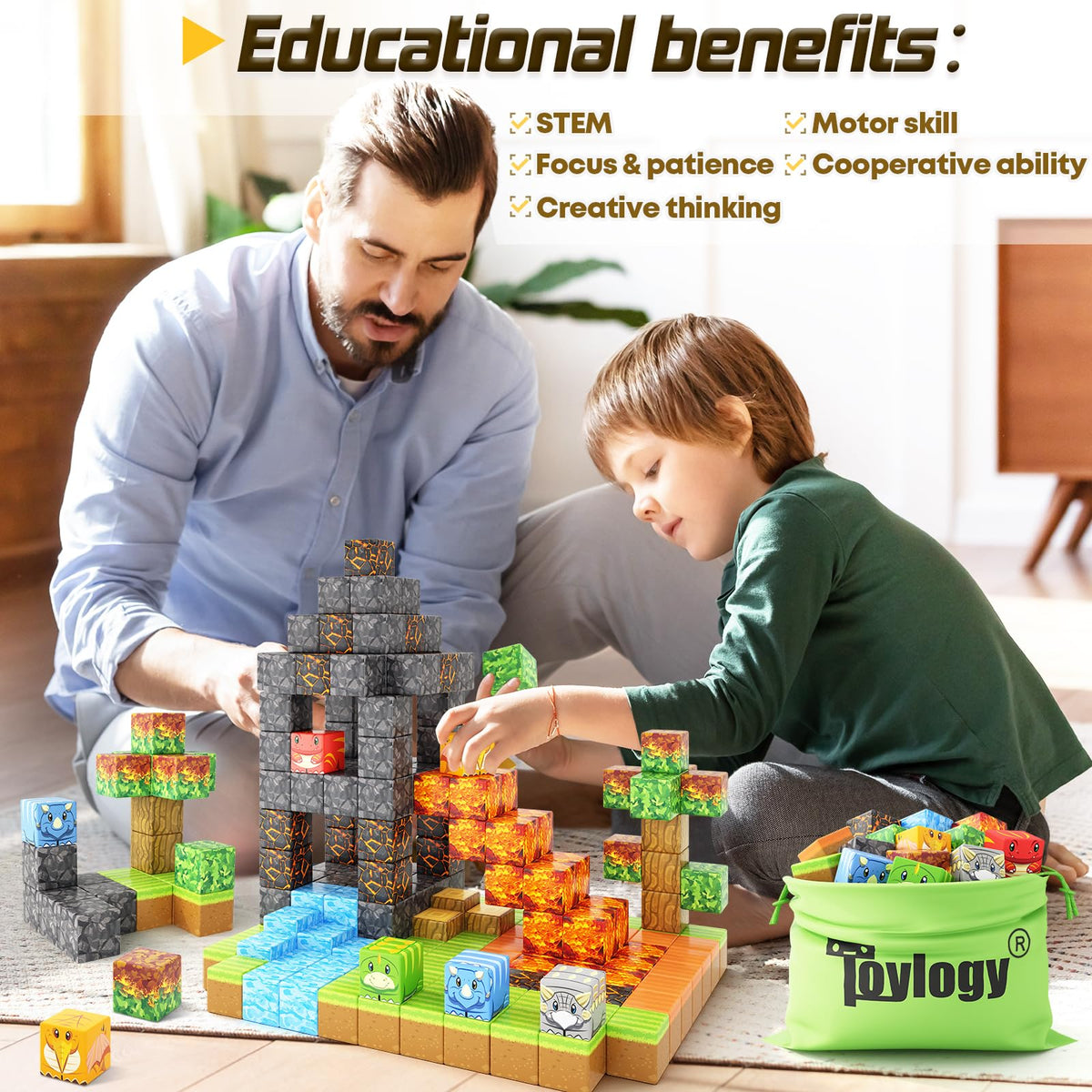 Dinosaur Toys Magnetic Blocks-Build Mine Magnet World Volcano Edition Kids Toy for 3+ Year Old Boys and Girls Building Blocks Toddler Toys Games Through Jurassic Learning Sensory Toy Gifts
