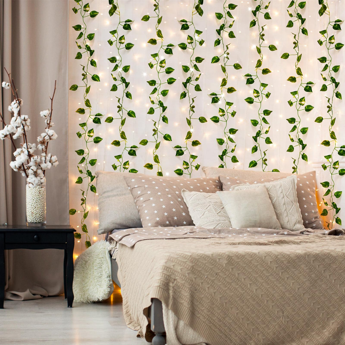 CEWOR 24 Pack 173ft Fake Ivy Vines, Artificial Ivy Garland with 200 LED String Lights, Hanging Plants Greenery Backdrop Green Leaves for Bedroom Room Wall Decor Wedding Party Table Decoration