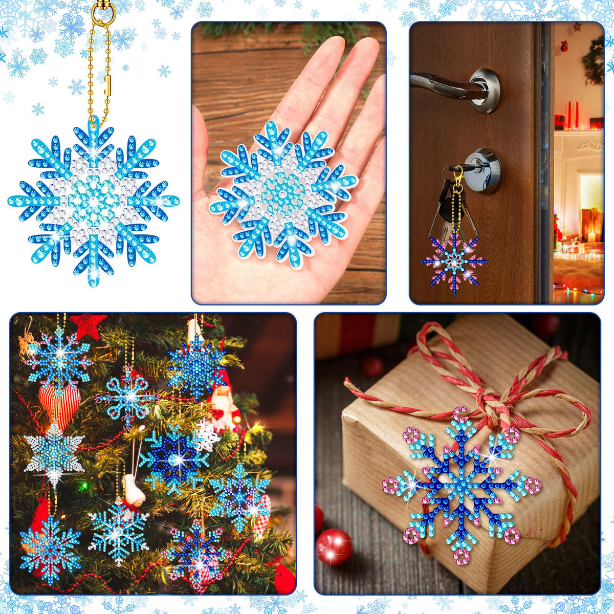 BBTO 15 Pieces Winter Diamond Painting Keychain Snowflake Diamond Painting Ornaments 5D DIY Diamond Painting Keychain Christmas Diamond Art Ornaments for Kids Christmas DIY Crafts Family Decor