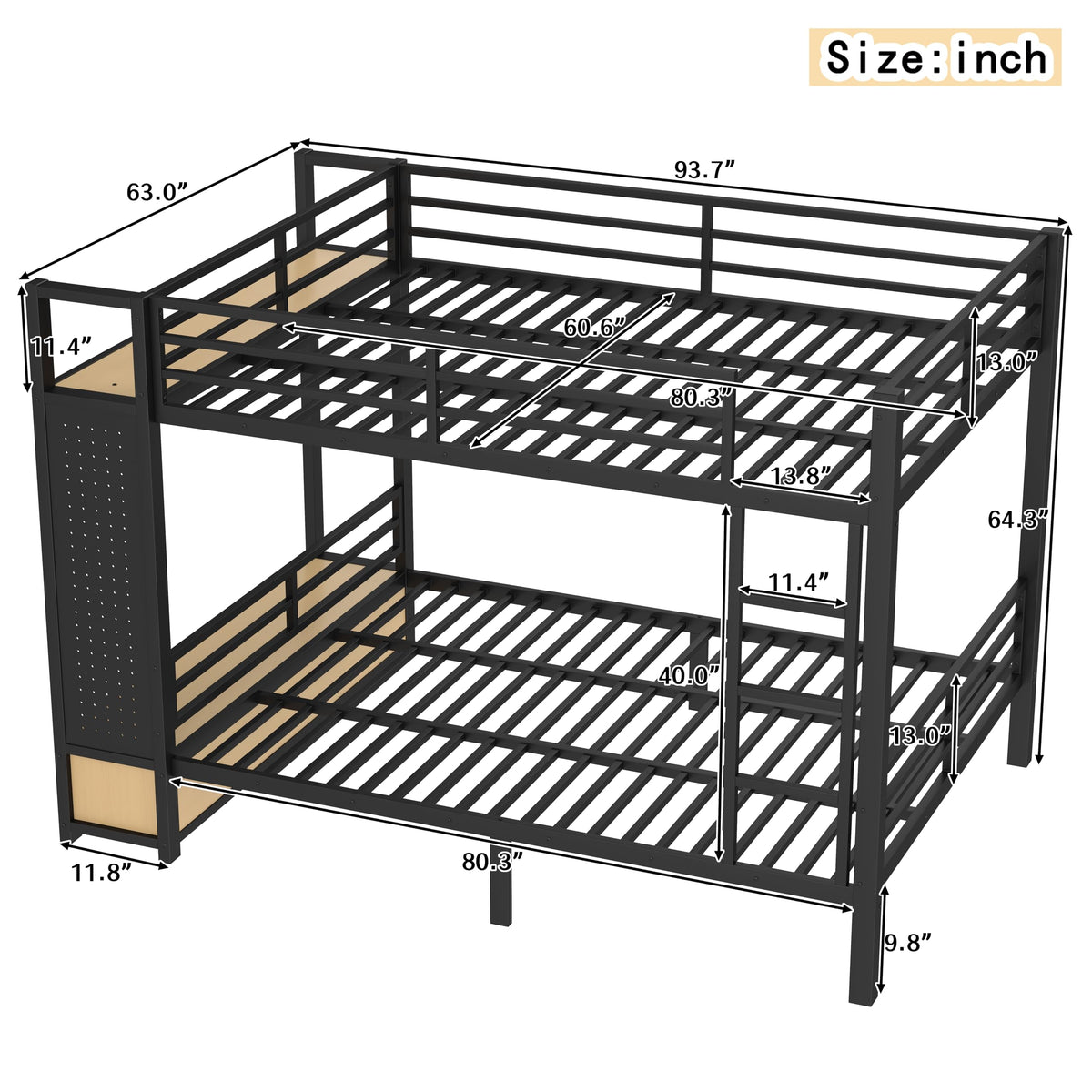 Bellemave Bunk Bed Queen Over Queen,Metal Bunk Bed with Shelf and Guardrails,Queen Bunk beds with Storage Drawers and Clothes Hooks for Kids, Teens & Adults（Black）