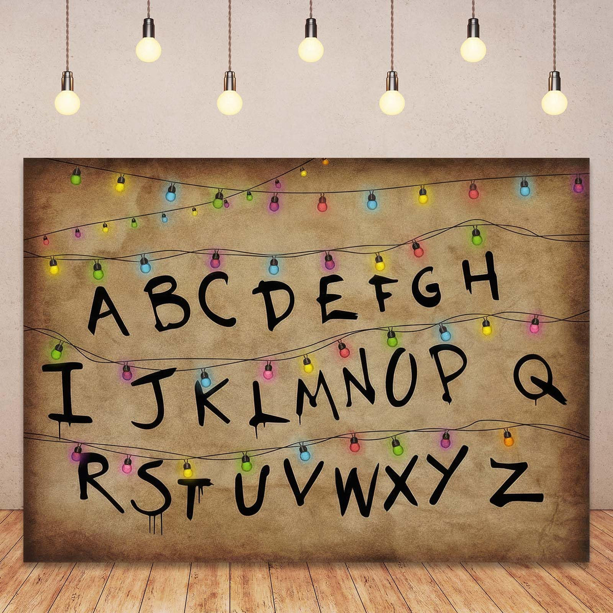 Colourful Light String Rustic Alphabet Backdrop for Halloween Birthday Party Decor Cake Table Banner Photo Booth Props Supplies 7x5FT