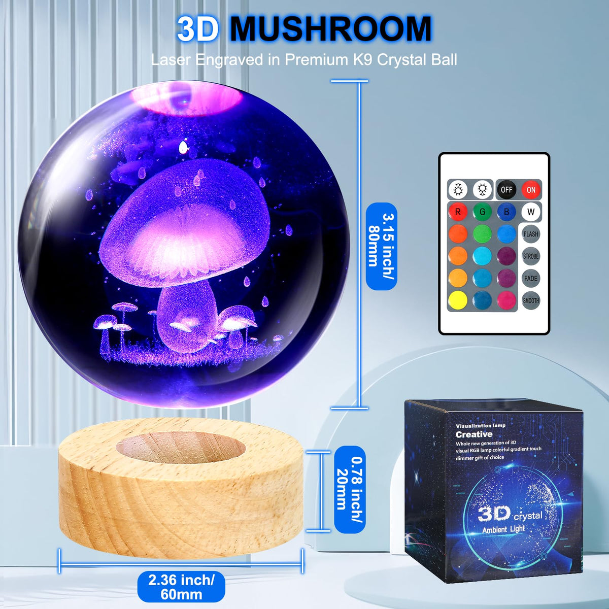 Kocasall Mushroom Lamp,3.15 inch 3D K9 Crystal Ball Mushroom Night Light with Wooden Base,16 Colors Change,Remote Control,Color Box,Birthday Christmas Gift
