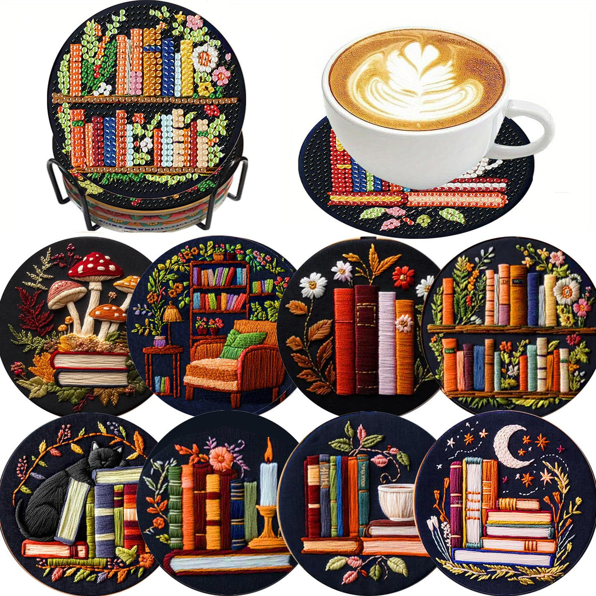 8 Pcs Bookshelf Diamond Art Coasters Kit - DIY 5D Small Diamond Painting Coasters with Holder, Mini Diamonds Arts Kits for Adults Coaster, Gem Art Arts and Crafts for Adults
