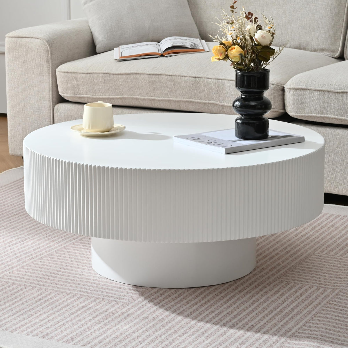 Merax Modern Round Coffee Table with Sturdy Base, Wood Sofa Center Tables for Living Room, Reception Room, Easy Assemble, White