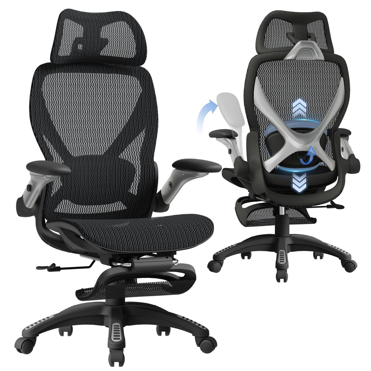 ELABEST X100 Ergonomic Mesh Office Chair with Footrest, Big and Tall Hone Desk Chair with 5D Flip-Up Arms, Adjustable 3D Lumbar Support,Gaming & Executive Computer Chairs