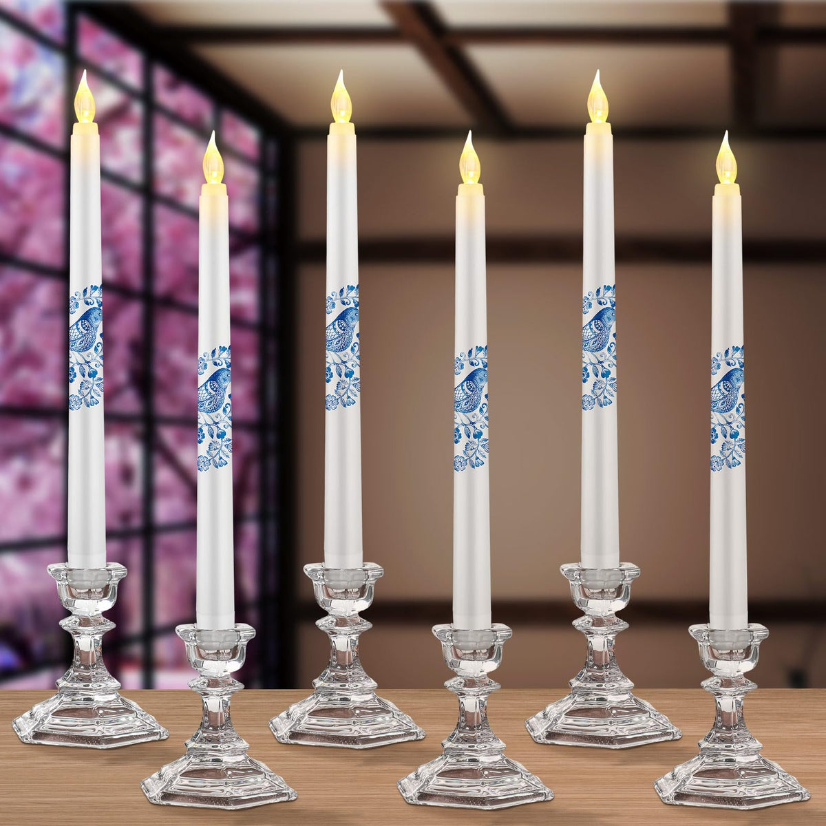 Conelist 6 Pcs Chinoiserie Flameless Candles 10 Inch Blue and White Candles Battery Operated LED Candlesticks Chinoiserie Decor for Wedding Table Centerpiece Home Party Decor Gifts