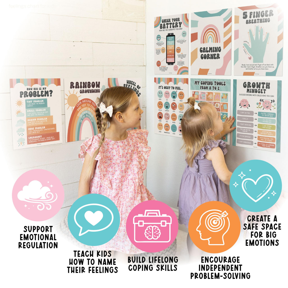 Hadley Designs 9 Calming Corner Posters for Classroom Must Haves - Calm Down Corner Supplies with Emotions Chart, School Counselor Mental Health Poster, Feelings Chart For Kids, Retro Classroom Decor