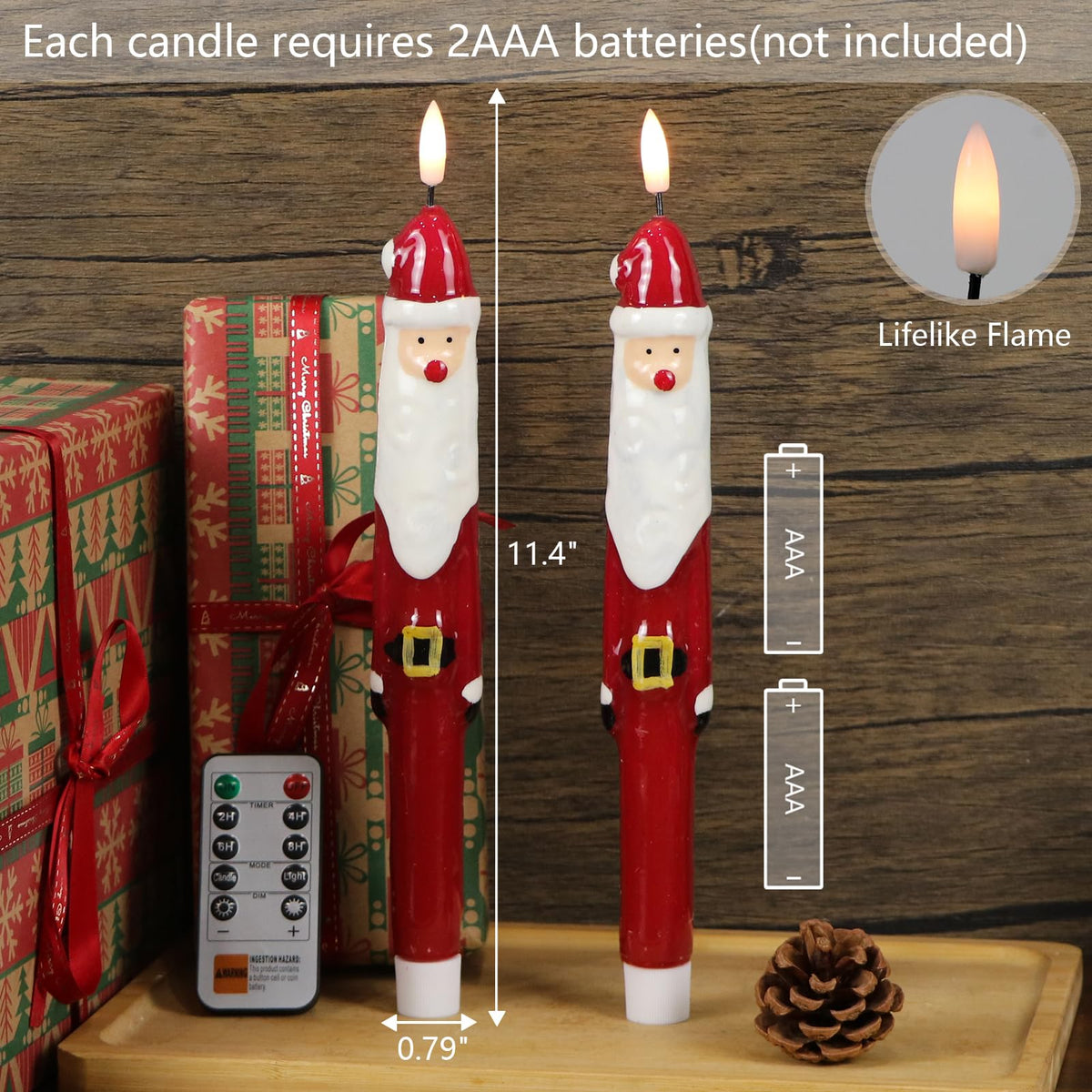 Lasumora Christmas Flameless Taper Candles with 6H Timer, 2 Pcs Hand-Painted Santa Claus Sculpture Shape LED Candlesticks with 3D Flickering Flame for Home Décor Christmas Gifts