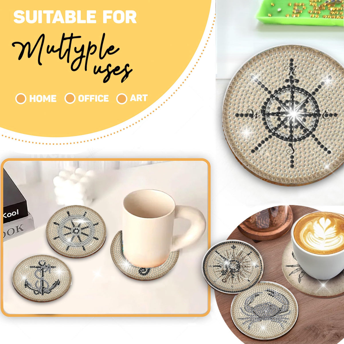 8 pcs Diamond Painting Coasters | Diamond Art Coasters | Vintage Nautical Diamond Art Painting | Perfect Art Craft Gift for Vintage Nautical Lover, Dad, Mom, Grandparents, Brother, Sister.