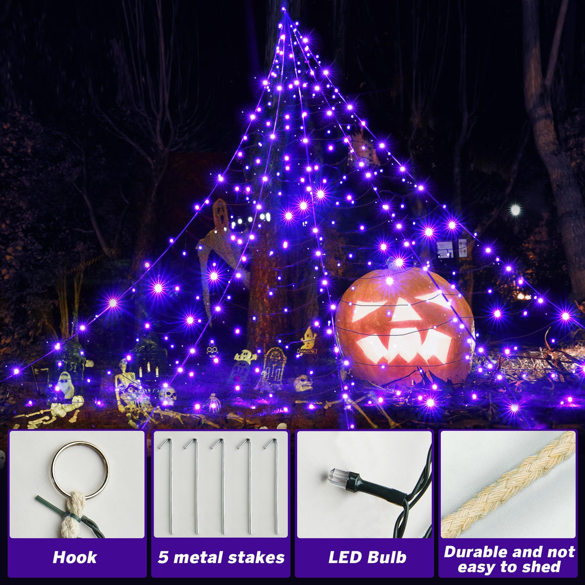 BlcTec Halloween Decorations Giant Spider Web Lights, 19.7ft x 14.7ft Lighted White Spider Web with 250 LEDs, Sturdy Wire Halloween Web Lights with 8 Modes, Waterproof for Yard, Porch Decor (Purple)